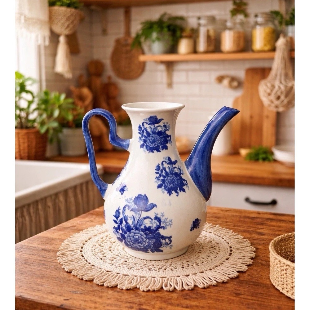 Vintage CHONGZHEN Transitional Blue / White Floral Ewer Pitcher Boho Ceramic 10"